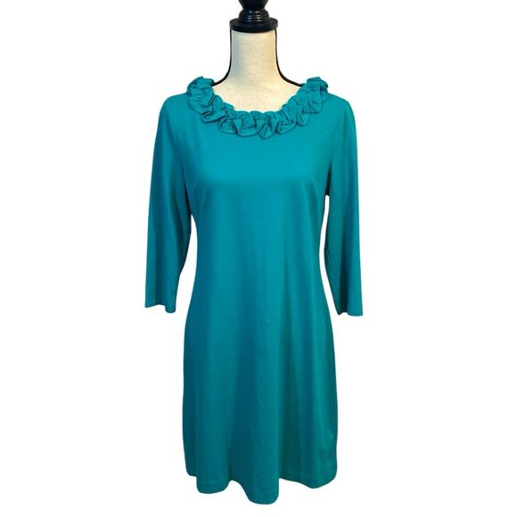 Talbots Jade Green 3/4 Sleeve Ruffle Neck Knit Sheath Dress Size MP - Picture 1 of 9